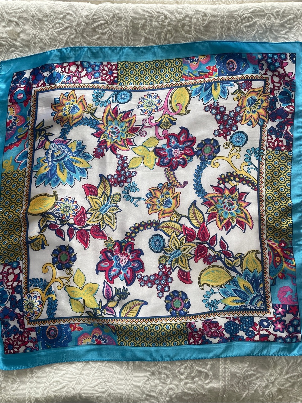 Floral Multicolor Satin Square Scarf - Blue Trim 19 x 19 new with tags